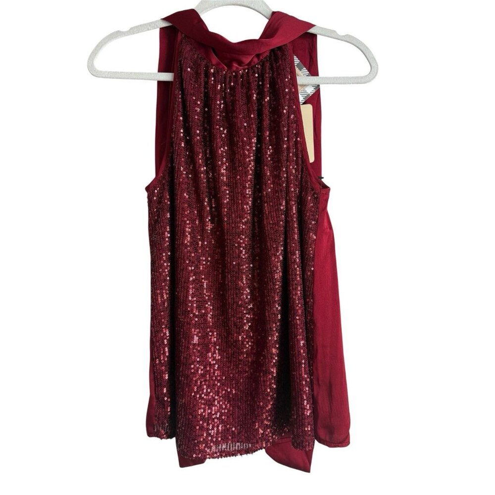 Entro Women’s Wine Halter Neck Sequin Satin Sleeveless Blouse Shimmer Size M NEW